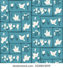 Dove patchwork seamless pattern with various floral and botanical elements arranged in rectangular segments. Perfect for home decor or textile patterns. Vector hand drawn illustration.