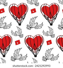 A dove pattern with a letter and a heart-shaped airship for Valentine's Day in doodle style. Background for greeting cards, scrapbooking, printing, gift wrapping, fabric making. Red black colors