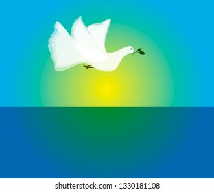 
Dove of peace. Around is sea and blue sky with bright sun. Background. Design icon.