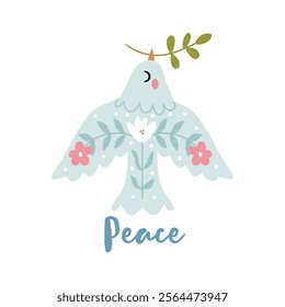 Dove of peace. Bird in ethnic style with flowers on wings carries a branch in its beak.Peace and love, freedom, no war concept.