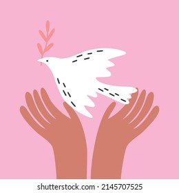 Dove of Peace bird hand cartoon style. International Day of Peace, traditionally celebrated annually. Peace in the world concept, nonviolence vector.