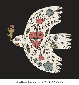 Dove of Peace bird with pattern, boho naive funky hand-drawn Scandinavian style bohemian art, dove or pigeon ornate image with flowers and botanical elements, hippie festival vibe or Earth Day holiday