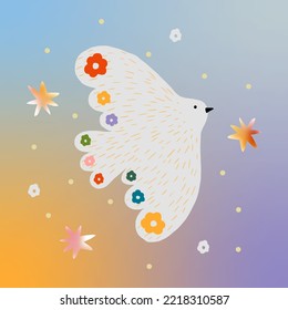 Dove peace bird poster witn gradient background. White pigeon abstract illustration with floral element.