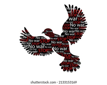 Dove of peace. A black dove with red and white text inside - Stop and No War. Conflict between Russia and Ukraine. A symbol of peace. Stock vector illustration isolated on white background