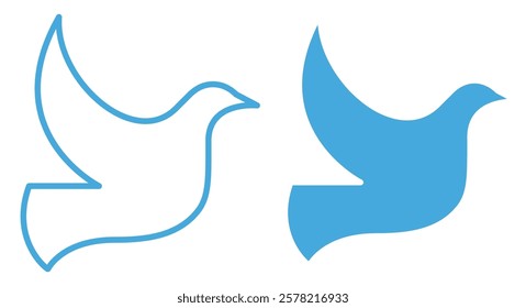 Dove of peace, blue line and silhouette icon. Flat vector illustration isolated on white background.