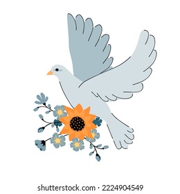 Dove of peace with a bouquet of blue-yellow flowers.Pigeon is drawn with black color linea in flight and isolated on white background.Vector flat style illustration.Print on fabric and paper.