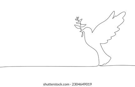 Dove of peace with branch continuous line drawing element isolated on white background for decorative element. Vector illustration of animal form in trendy outline style.