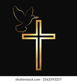 Dove of peace with a branch and a golden Christian cross