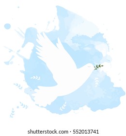 Dove of Peace with branch on blue sky. Symbol of purity and freedom. Perfect for the presents and gifts, cards for the holiday or any special occasion. 