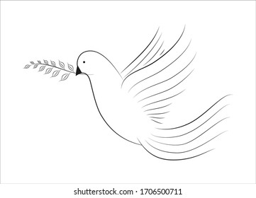 Dove of Peace with branch of tree. Line style. Vector illustration. Isolated. Wedding concept. As template for invitation, greeting card, postcard, sticker, print