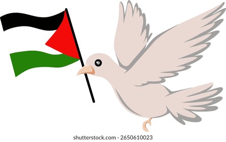 Dove of Peace Carrying Palestinian Flag. A symbolic illustration of a white dove of peace carrying the Palestinian flag, representing hope, solidarity, and the pursuit of freedom and justice