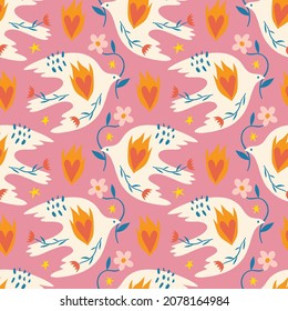 Dove of peace childish cartoon boho naive funky handdrawn style art seamless pattern