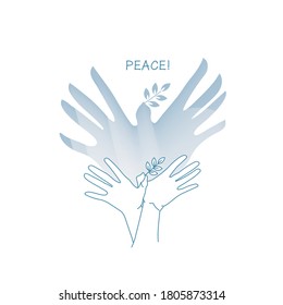 A dove of peace created from the shadow of hands. A hand gesture indicating a bird with a branch in its beak. Isolated character on a white background.