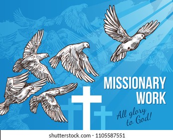 Dove of peace and crucifix banner for missionary work concept. White pigeon bird flying up to light sketch poster for International Day of Peace or religion themes design