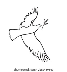 Dove of peace doodle illustration. Dove with olive branch line art. Symbol of peace vector illustration