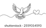 Dove of Peace Editable Continuous Line Icon, Bird flying with heart in continuous line art drawing. One outline of dove animal. Vector illustration isolated. Minimalist design handdrawn, White dove. 