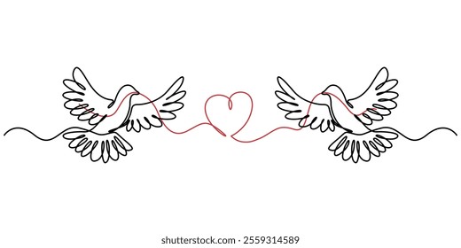 Dove of Peace Editable Continuous Line Icon, Bird flying with heart in continuous line art drawing. One outline of dove animal. Vector illustration isolated. Minimalist design handdrawn, White dove. 