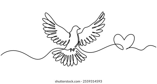 Dove of Peace Editable Continuous Line Icon, Bird flying with heart in continuous line art drawing. One outline of dove animal. Vector illustration isolated. Minimalist design handdrawn, White dove. 