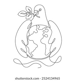 Dove of peace embraces planet earth with its wings in one continuous line. Linear silhouette, hand drawn in minimalism. Vector editable outline