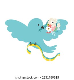 Dove of peace with flowers and a ribbon of the flag of Ukraine. Vector illustration of a bird in a simple cartoon hand drawn style. Isolate on a white background