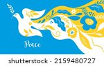 Dove of peace and flowers. Symbol of peace , horizontal banner. Ukraine flag colors