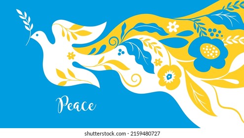 Dove peace   flowers  Symbol peace   horizontal banner  Ukraine flag colors