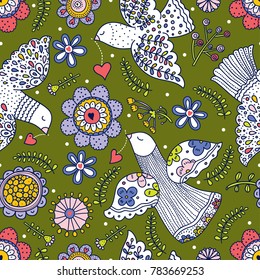 Dove, peace and flowers. Vector seamless pattern.