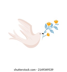 Dove of peace. Flying bird with an branch in beak. Peace and love, freedom, no war concept. Bird and branch symbol of love peace and freedom in simple linear style.