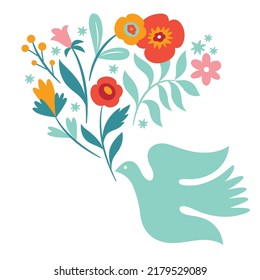 Dove of peace . Flying bird with branches and flowers