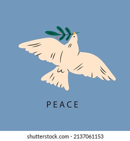Paloma de paz. Pájaro volador con una rama de olivo en roca. Paz y amor, libertad, no concepto de guerra. Dibujo manual de la moderna ilustración de vectores aislados. Icono, plantilla de logotipo