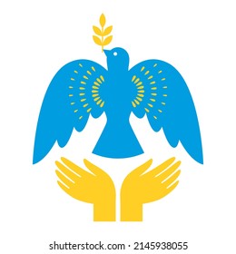 Dove of peace . Flying bird with olive branch, yellow and blue colors