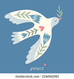 Dove of peace. Flying bird with an olive branch in beak. Concept of the world. Bird boho naive hand drawn style art. Happy Earth Day background.