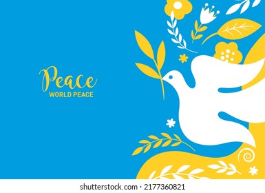 Dove of peace . Flying bird with olive branch and flowers