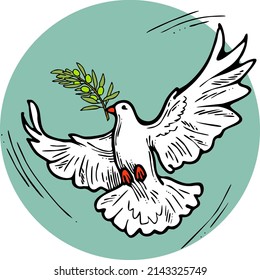 Dove Of Peace Flying With Green Olive Branch. White Pigeon Is Holly Spirit, Love, Freedom. Bird And Plant Are Nature. Hand Drawn Retro Vintage Vector Illustration. Old Style Comic Cartoon Drawing. 