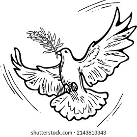 Dove of peace flying with green olive branch. White pigeon is holly spirit, love, freedom. Bird and plant are nature. Hand drawn retro vintage vector illustration. Old style comic cartoon drawing. 