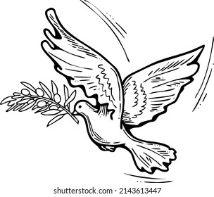 Dove of peace flying with green olive branch. White pigeon is holly spirit, love, freedom. Bird and plant are nature. Hand drawn retro vintage vector illustration. Old style comic cartoon drawing. 