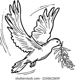 Paloma de paz volando con rama de olivo verde. La paloma blanca es espíritu sano, amor, libertad. Las aves y las plantas son la naturaleza. Ilustración vectorial retro dibujada a mano. Dibujo de historietas de estilo antiguo. 