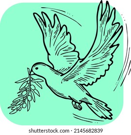 Dove of peace flying with green olive branch. White pigeon is holly spirit, love, freedom. Bird and plant are nature elements. Hand drawn retro vintage vector illustration. Old style cartoon drawing. 
