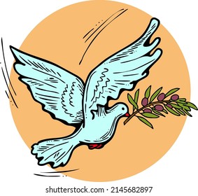 Dove of peace flying with green olive branch. White pigeon is holly spirit, love, freedom. Bird and plant are nature elements. Hand drawn retro vintage vector illustration. Old style cartoon drawing. 