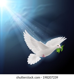 Dove of peace flying with a green twig after flood on dark background