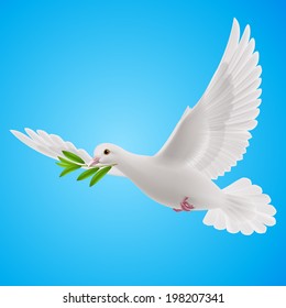 Dove of peace flying with a green twig after flood on blue background