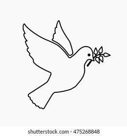 Dove of peace flying with a green twig olive outline. Peace concept. Flat vector stock illustration.