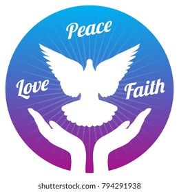 Dove peace flying from hands in sky. Love, freedom and religion faith vector concept. Peace and love, faith and hope illustration