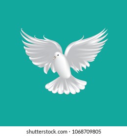 Dove of peace flying with olive green trees flooded after flooding on a blue background.