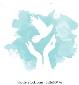 Dove of Peace flying from open hands. Symbol of purity and freedom. Perfect for cards, gift for holidays and special occasions.