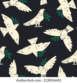 Dove of peace. Flying and standing Bird with an olive branch. Peace and love, freedom, no war concept. Hand drawn modern Vector seamless Pattern. Black background. Wallpaper, poster template