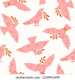 Dove of peace. Flying and standing Bird with an olive branch. Peace and love, freedom, no war concept. Hand drawn modern Vector seamless Pattern. Pink background. Wallpaper, poster template