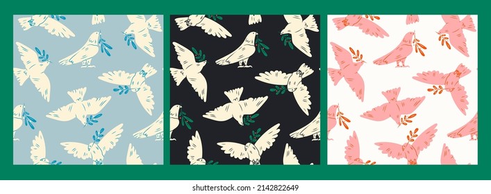 Dove of peace. Flying and standing Bird with an olive branch. Peace and love, freedom, no war concept. Set of three hand drawn modern Vector seamless Patterns. Wallpaper, poster templates