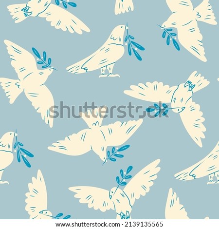 Dove of peace. Flying and standing Bird with an olive branch. Peace and love, freedom, no war concept. Hand drawn modern Vector seamless Pattern. Blue background. Wallpaper, poster template