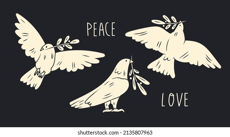 Dove of peace. Flying and standing Birds with an olive branches. Peace and love, freedom, no war concept. Hand drawn modern Vector illustration. All elements are isolated. Support Ukraine